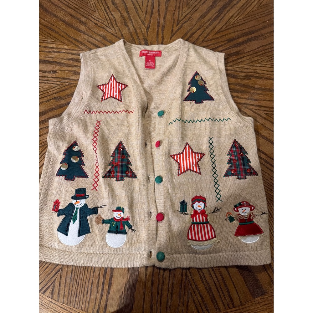 Merry & Bright Petites Tan Christmas Sweater Vest Snowmen Trees Stars PS
